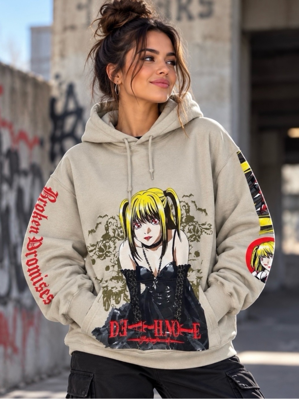 Broken Promises Hoodie Anime Misa Amane Death Note Graphic Pullover Sand Beige M